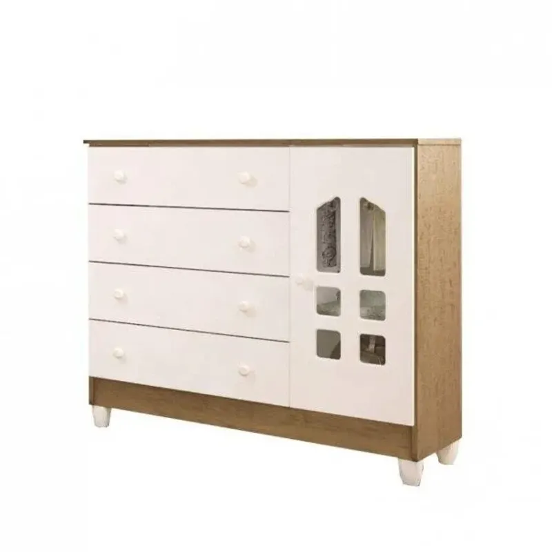Cômoda Selena 4 gavetas e 1 porta branca e amadeirada