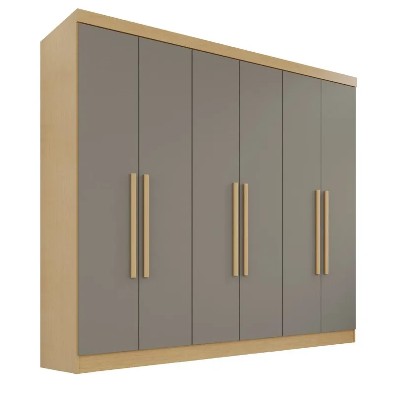 Guarda-roupa França casal 6 portas com 2 gavetas cinza e jequitibá