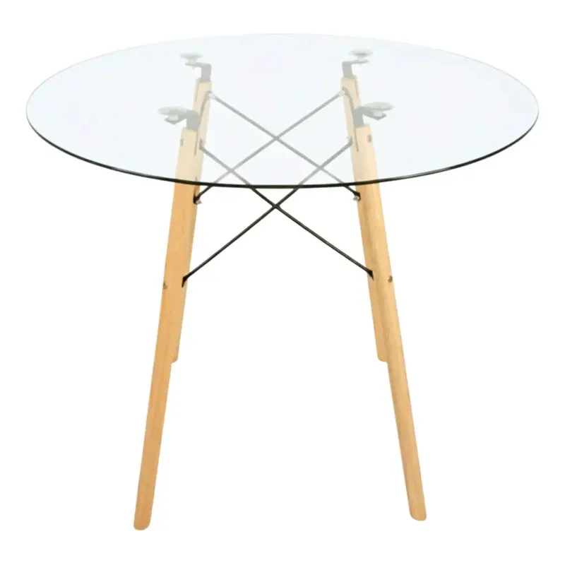 Mesa de jantar Eiffel redonda com tampo de vidro e pés de eucalipto