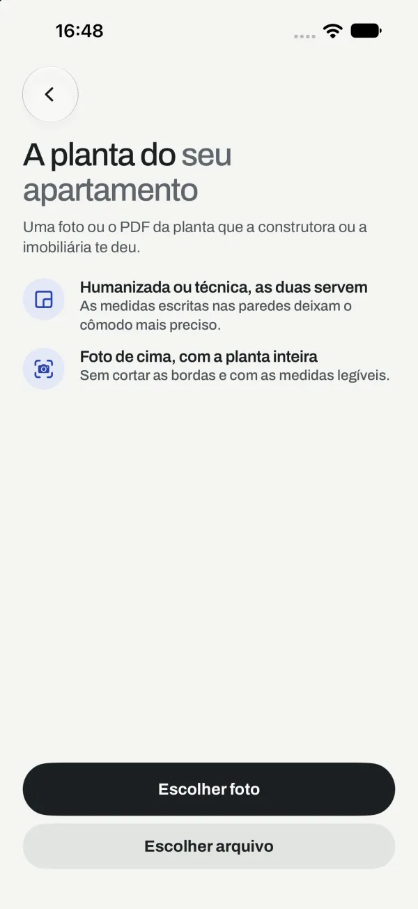 Tela A planta do seu apartamento, com Escolher foto e Escolher arquivo.