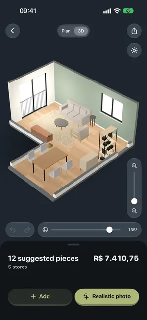 Curvinha on an iPhone: a room furnished in 3D with 12 suggested pieces from 5 stores, and Curvinha, the little green house, sitting on the phone