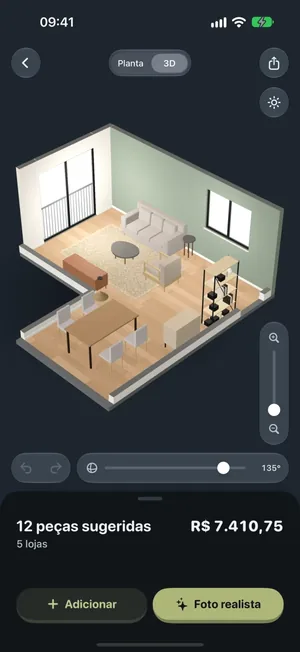 O ambiente mobiliado em 3D, de qualquer ângulo.