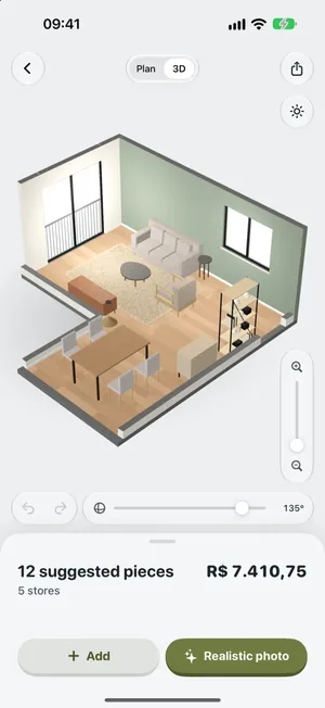 Curvinha on an iPhone: a room furnished in 3D with 12 suggested pieces from 5 stores, and Curvinha, the little green house, sitting on the phone