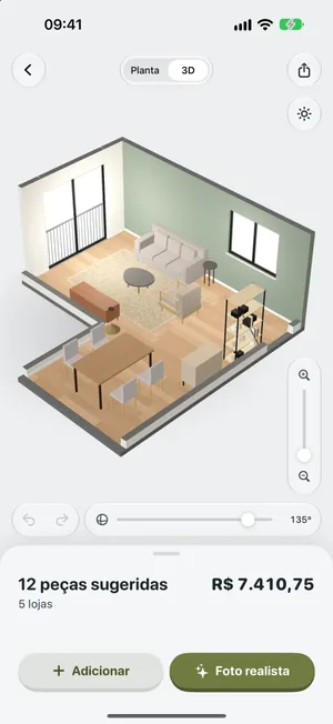 O ambiente mobiliado em 3D, de qualquer ângulo.
