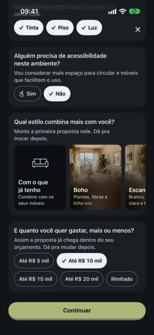 As perguntas de estilo e orçamento, com Até R$ 10 mil marcado