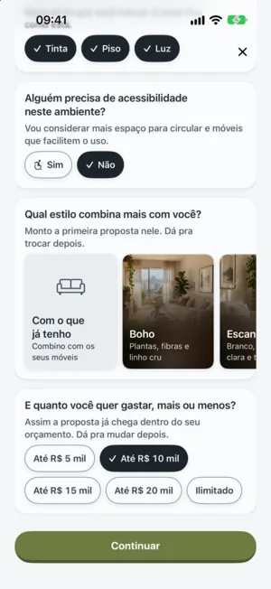 As perguntas de estilo e orçamento, com Até R$ 10 mil marcado