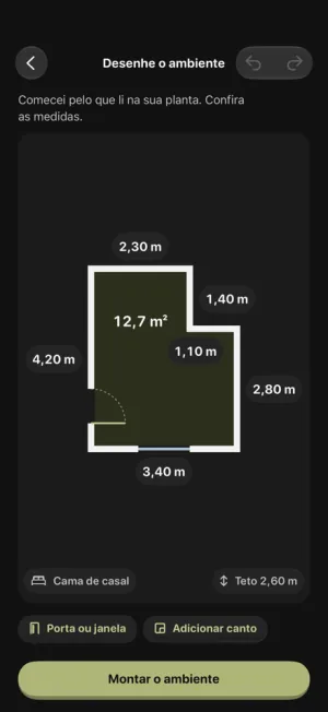 A tela Desenhe o ambiente: uma sala em L de 12,7 m², com a medida de cada parede em metros, uma porta e uma janela, e o botão Montar o ambiente