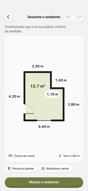 A tela Desenhe o ambiente: uma sala em L de 12,7 m², com a medida de cada parede em metros, uma porta e uma janela, e o botão Montar o ambiente