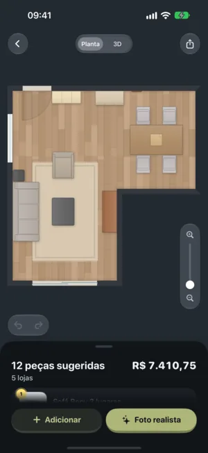 Planta vista de cima de um ambiente mobiliado no app da Curvinha