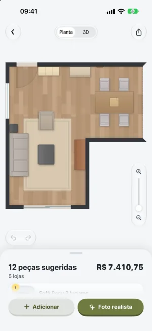 Planta vista de cima de um ambiente mobiliado no app da Curvinha