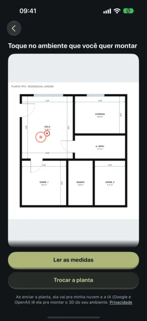 A planta do apartamento lida pelo app, com as medidas de cada parede
