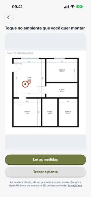 A planta do apartamento lida pelo app, com as medidas de cada parede