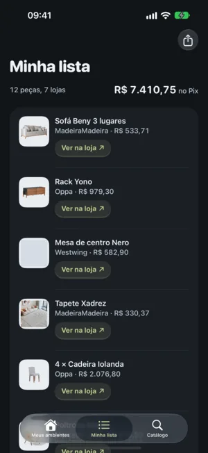 Minha lista com as peças de um ambiente de exemplo, cada uma com a loja, o preço e o botão Ver na loja
