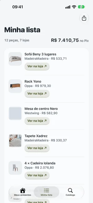 Minha lista com as peças de um ambiente de exemplo, cada uma com a loja, o preço e o botão Ver na loja