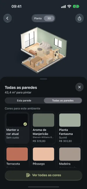 A tela Todas as paredes, com a área para pintar e as cores sugeridas para o ambiente