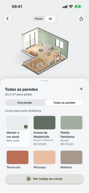 A tela Todas as paredes, com a área para pintar e as cores sugeridas para o ambiente
