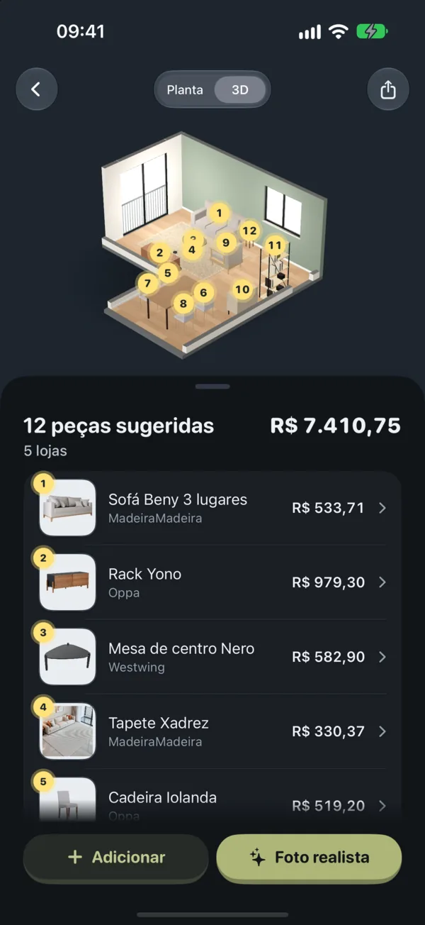 A proposta do app: o ambiente em 3D com 12 peças numeradas e a lista com o preço de cada uma