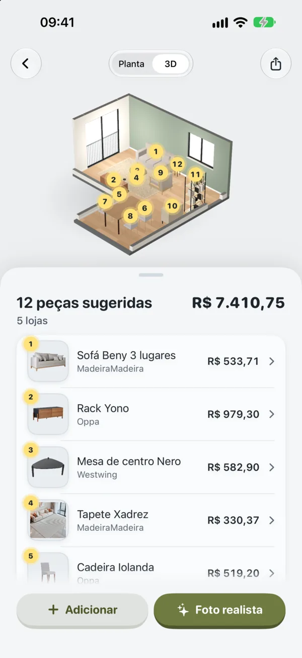 A proposta do app: o ambiente em 3D com 12 peças numeradas e a lista com o preço de cada uma