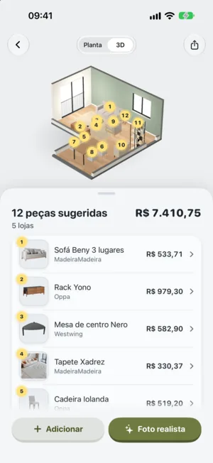 O ambiente em 3D com as peças numeradas e a lista com preços