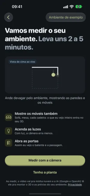 A tela de medir o ambiente, com as dicas antes do scan