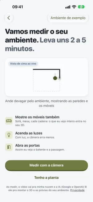 A tela de medir o ambiente, com as dicas antes do scan