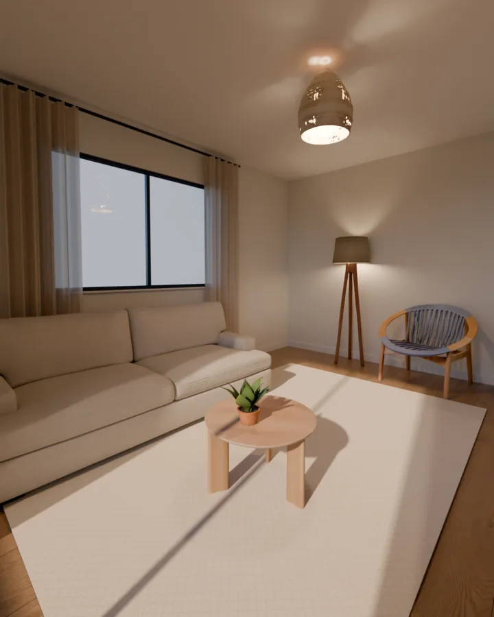 Sala com paredes off-white, sofá bege diante de uma janela com cortina de linho, mesa de centro redonda de madeira clara com um agave em vaso de terracota sobre um tapete claro, pendente de fibra natural no teto e, no canto, uma poltrona de madeira com assento de corda azul-acinzentada ao lado de uma luminária de chão de tripé