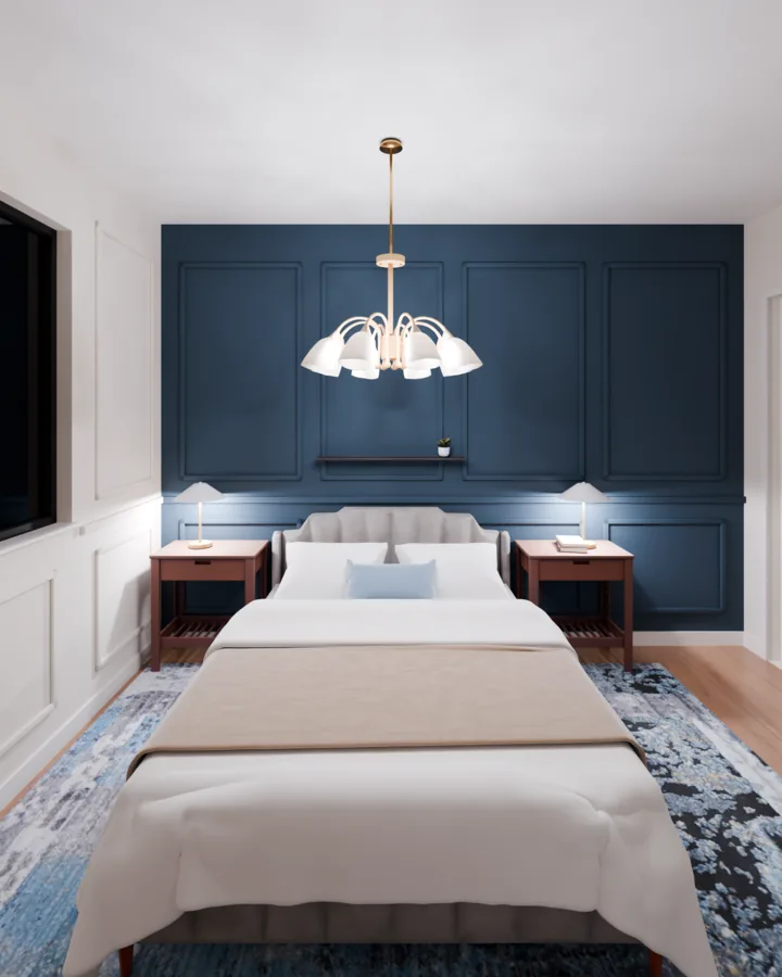 O mesmo quarto com a parede da cabeceira em azul-marinho muito escuro e as outras três em off-white