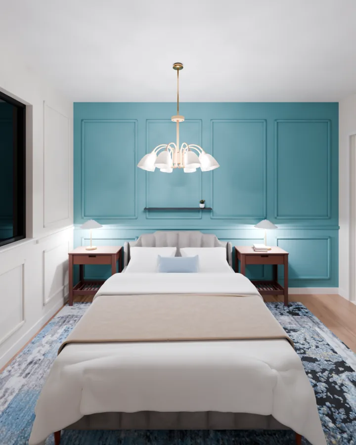 O mesmo quarto com a parede da cabeceira em azul-esverdeado médio e as outras três em off-white