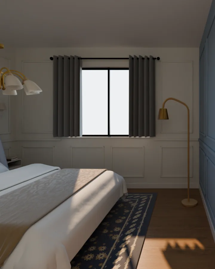 Quarto com cortina cinza num varão curto logo acima da janela, terminando no peitoril e cobrindo parte do vidro