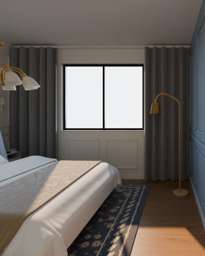 O mesmo quarto com a cortina cinza num trilho rente ao teto, de parede a parede, com a barra quase no chão e o vidro livre