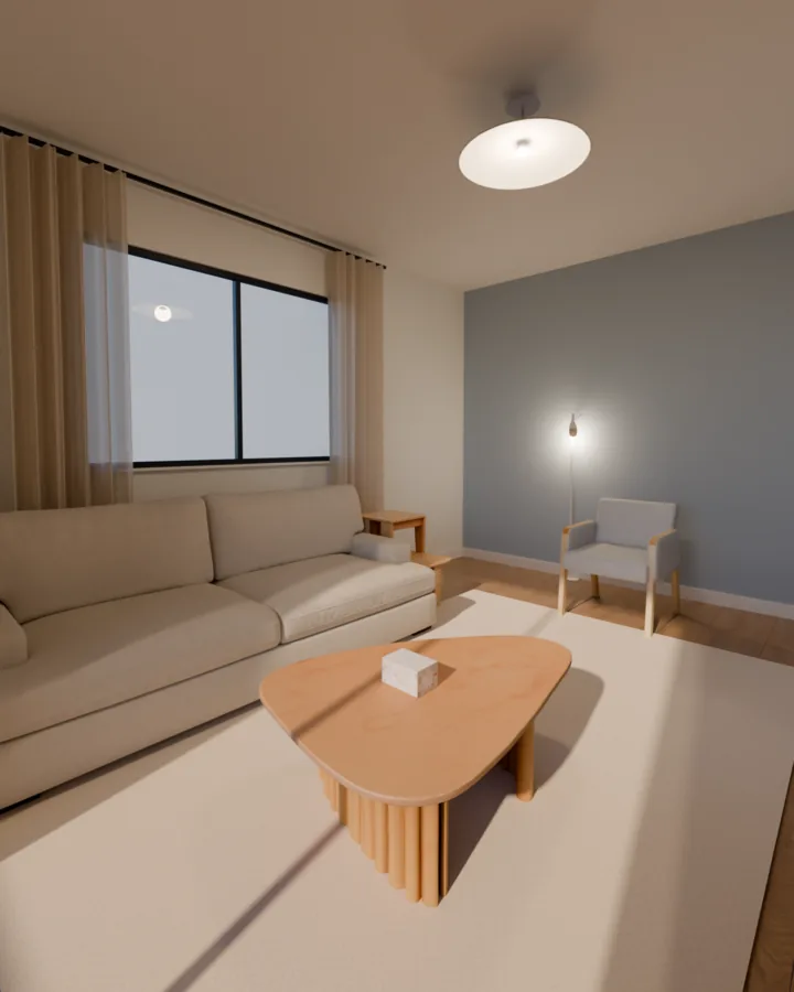 Sala com paredes brancas e uma parede azul-clara atrás de uma poltrona cinza-clara com braços de madeira, luminária de piso branca, sofá bege, mesa de centro orgânica de madeira clara sobre um tapete cru grande, cortina clara na janela e luminária de teto branca