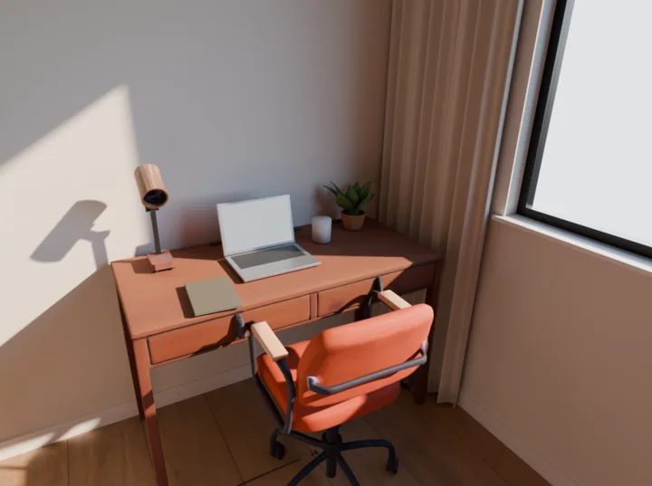 Escrivaninha de madeira com duas gavetas encostada numa parede clara, com notebook, luminária articulada, caderno e uma planta pequena, cadeira terracota e uma cortina de linho ao lado da janela