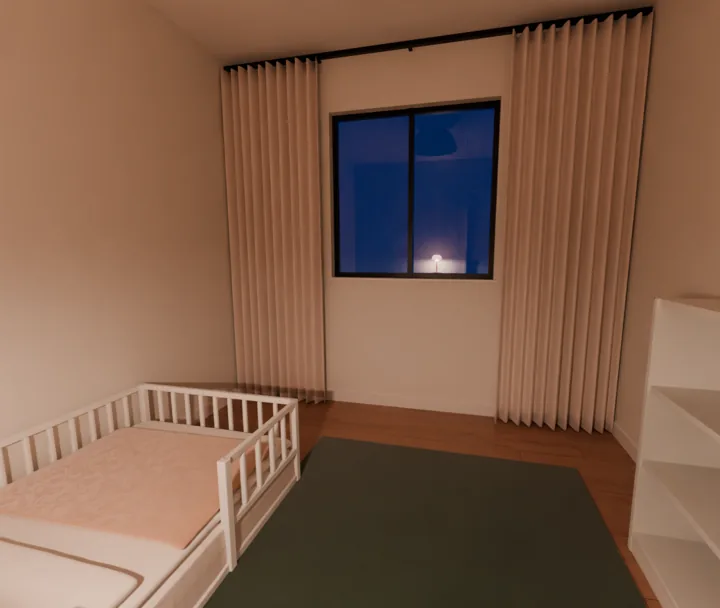 Quarto infantil de exemplo montado no app, à noite: cama montessoriana baixa com grade branca e estante baixa, as duas longe da janela, e tapete verde no chão livre. Nenhum móvel encosta na janela.