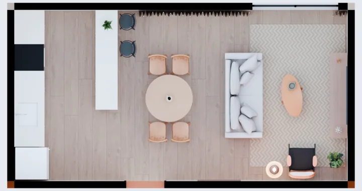 Planta vista de cima da sala integrada de 3,60 x 7,00 m: cozinha e balcão americano à esquerda, mesa redonda com quatro cadeiras no meio, sofá de costas para a mesa e, à direita, tapete com mesa de centro, poltrona e rack