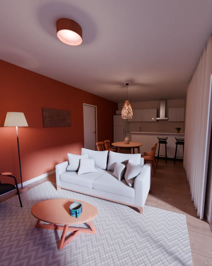 Sala integrada de exemplo: sofá claro de costas para a mesa redonda de madeira com pendente de rattan aceso, ao fundo o balcão branco com duas banquetas pretas e a cozinha, parede lateral terracota e tapete chevron cru