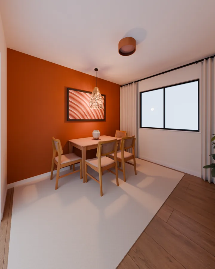 Sala de jantar de dia com parede terracota, mesa de madeira encostada nela com quatro cadeiras de palhinha, pendente de rattan sobre a mesa, quadro de faixas terrosas na parede, tapete claro embaixo da mesa e janela com cortina de linho