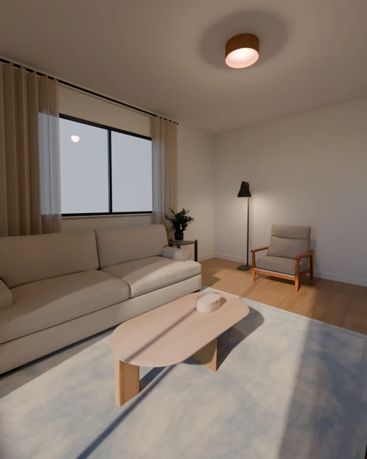 Sala com paredes claras, sofá bege, mesa de centro orgânica de madeira clara sobre um tapete azul e cinza, cortina clara na janela, plafon redondo de madeira no teto e, no canto, uma poltrona bege de braços de madeira ao lado de uma luminária de piso preta