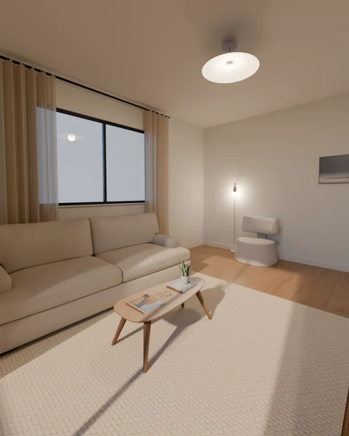 Sala com paredes brancas, um sofá bege sob uma janela com cortinas de linho, um tapete areia grande, uma mesa de centro baixa de madeira com uma planta, uma poltrona branca de bouclé num canto ao lado de uma luminária de piso, um quadro pequeno na parede e um plafon branco no teto