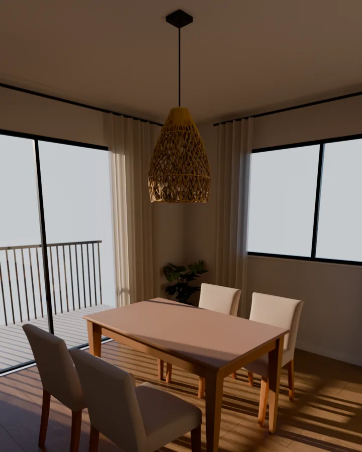 Mesa de jantar de madeira com quatro cadeiras claras e um pendente de rattan centralizado sobre o tampo