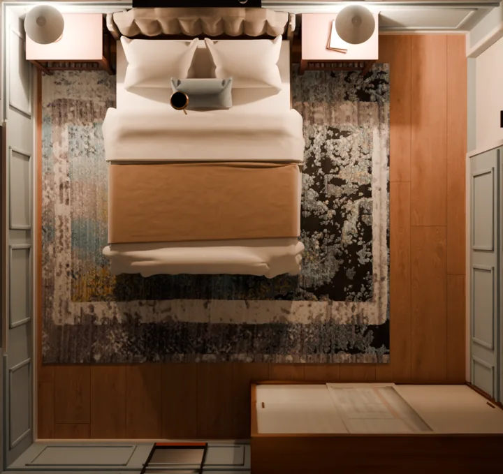 O mesmo quarto visto de cima, com a cabeceira no alto: cama de casal sobre um tapete grande cinza e azul, um criado-mudo com abajur de cada lado, o guarda-roupa encostado na parede de baixo, à direita, e piso de madeira
