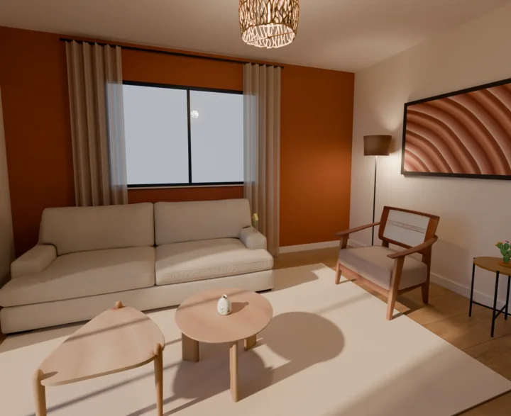 Sala com parede terracota atrás do sofá, poltrona de madeira, luminária de piso e um quadro grande e horizontal na parede lateral