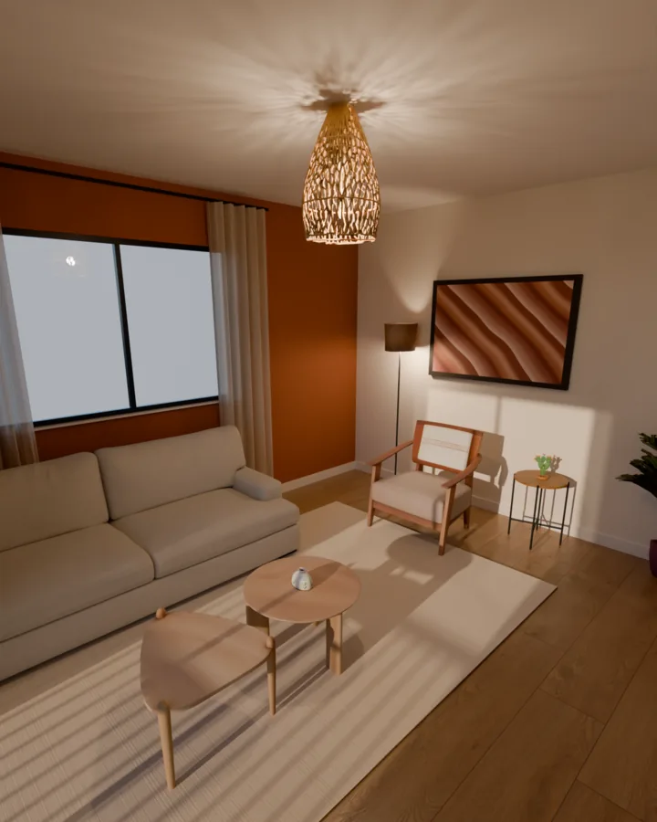 Sala de exemplo mobiliada no orçamento de até R$ 10 mil, com sofá, poltrona, duas mesas de centro, luminária de piso, pendente e quadro terracota