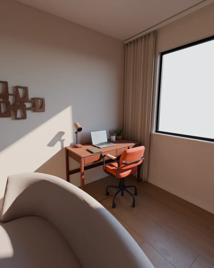 Canto de trabalho numa sala de 15 m², visto por cima do sofá: escrivaninha de madeira, cadeira terracota, luminária articulada, cortina e janela