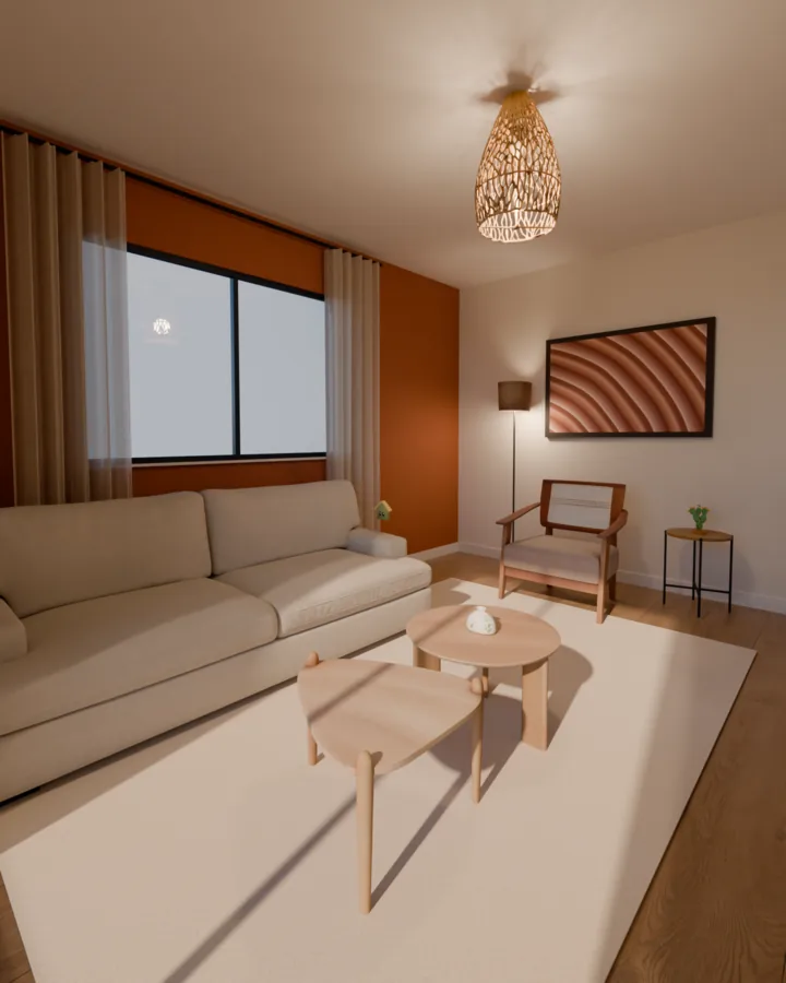 Sala com parede terracota atrás do sofá bege, poltrona de madeira e palhinha, duas mesas de centro de madeira sobre tapete claro e pendente de rattan