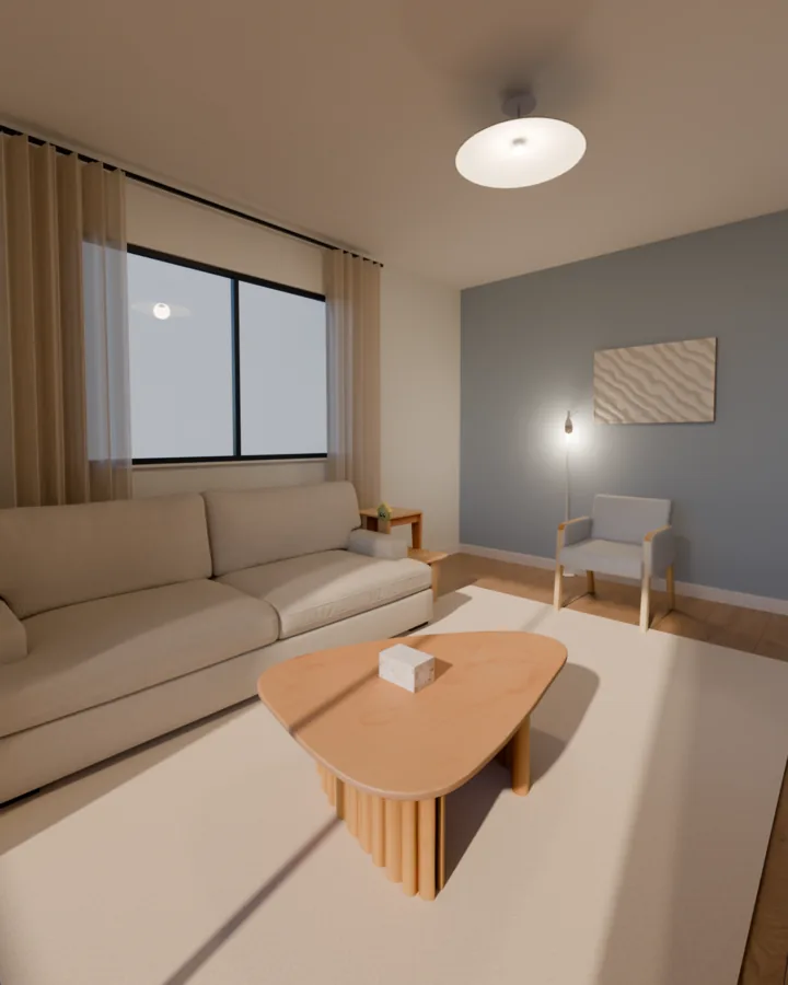 Sala com parede azul-clara atrás de uma poltrona cinza-clara, sofá bege, mesa de centro orgânica de madeira sobre tapete claro e pendente branco