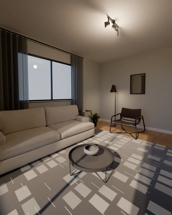 Sala com paredes cinza-claras, poltrona de couro marrom com estrutura preta, mesa de centro redonda preta sobre tapete cinza e trilho de spots preto no teto