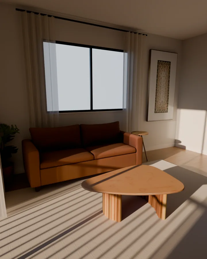 Sala com sofá de couro, mesa de centro de madeira mais baixa que o assento e mesa lateral na altura do braço