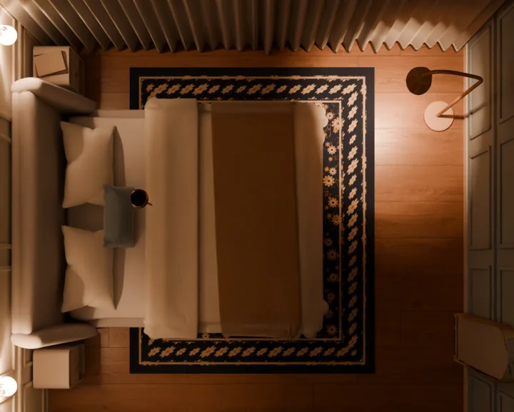 Quarto de casal visto de cima: cama queen com a cabeceira na parede, criado-mudo dos dois lados e um tapete floral azul-marinho atravessado sob a parte de baixo da cama, passando das laterais e do pé
