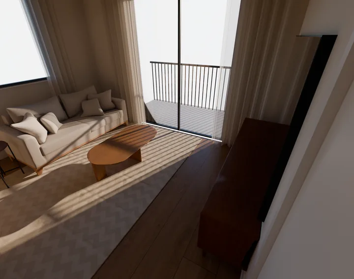 Sala vista da porta, com sofá claro, mesa de centro oval de madeira e, à direita, um rack escuro com a TV na parede