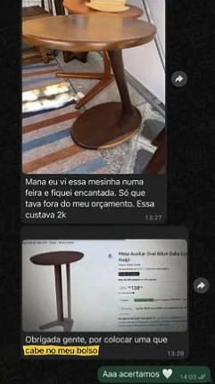 Print de conversa no WhatsApp com a mensagem da cliente: “Obrigada gente, por colocar uma que cabe no meu bolso” (cliente da Curva)
